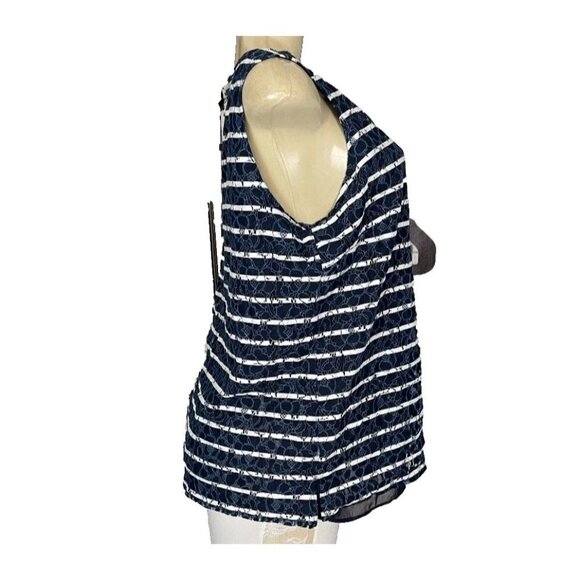 Tommy Hilfiger L Navy Blue Sheer Floral Striped Lined Zip Back Sleeveless Top - Picture 3 of 7
